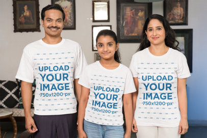 Mockup Featuring a Family of Three Wearing T-Shirts at Home