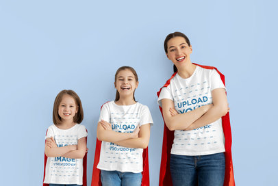 Crewneck T-Shirt Mockup of a Mom and Her Daughters Wearing Hero Capes
