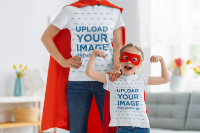 T-Shirt Mockup of a Girl and Her Mom Wearing Matching Hero Costumes at Home