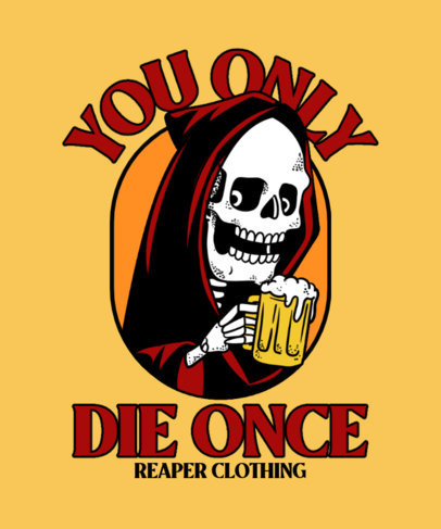T-Shirt Design Template Featuring an Illustration of the Grim Reaper Drinking a Beer