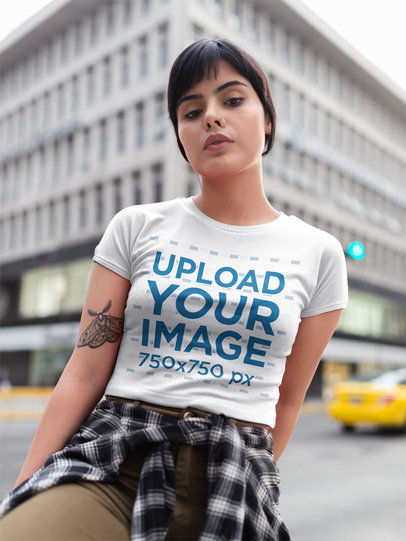 Beautiful Woman Wearing a Crop Top Tee Mockup in the City