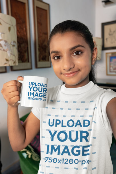 Coffee Mug Mockup of a Girl Taking a Selfie and Wearing a Tee