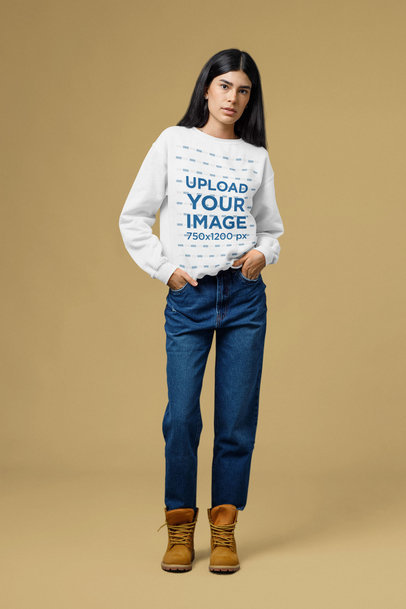 Sweatshirt Mockup Featuring a Serious Woman Posing at a Studio m29411