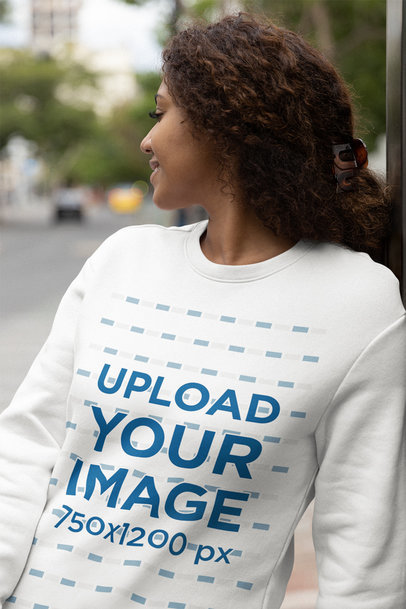 Mockup of a Woman with Curly Hair Wearing a Round-Neck Sweatshirt
