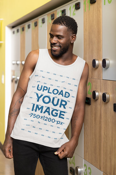 Tank Top Mockup of College Student Leaning on Lockers