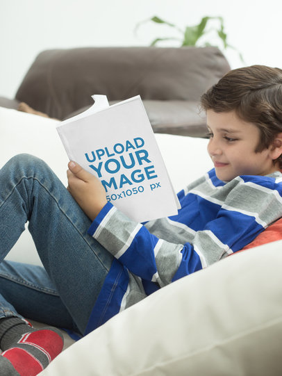 Boy Reading a Book Mockup at the Studio