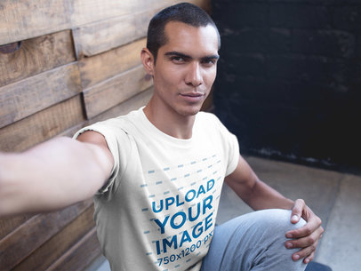 Selfie of a Man Wearing a T-Shirt Mockup After Yoga Class