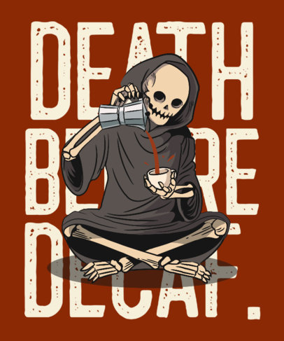 T-Shirt Design Template Featuring an Illustration of a Grim Reaper Having Coffee