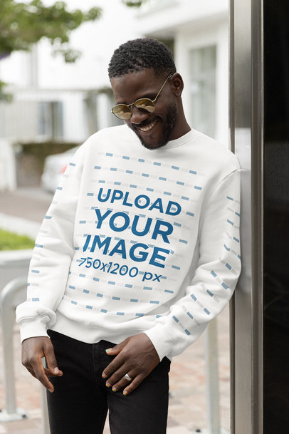 Crewneck Sweatshirt Mockup of a Smiling Man Wearing Sunglasses