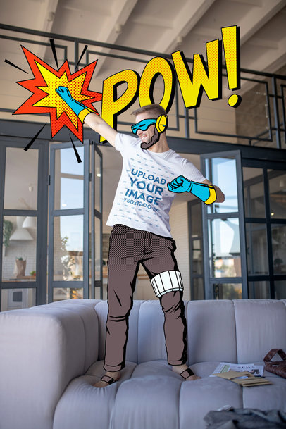 T-Shirt Mockup Featuring a Happy Man Posing With an Illustrated Superhero Outfit