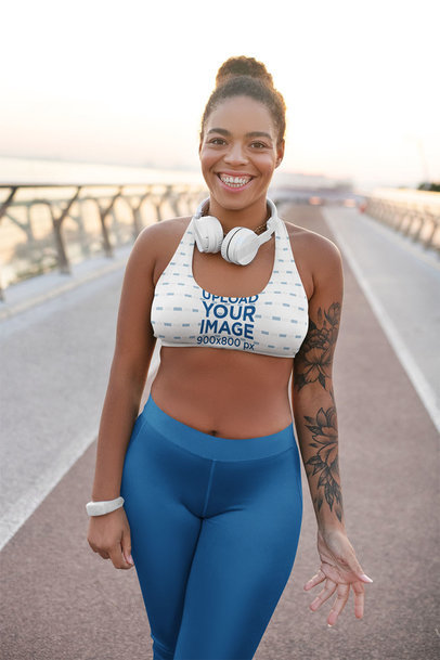 Sports Bra Mockup of a Happy Woman With Afro Hair Doing Her Morning Run
