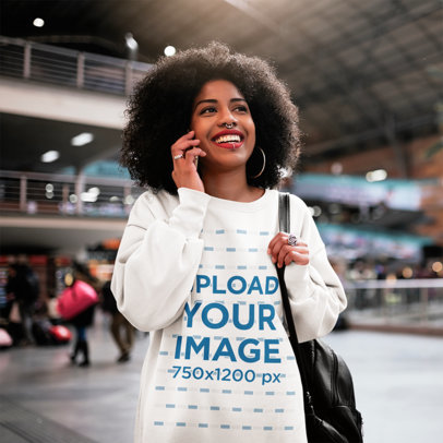 Mockup of a Woman with a Rounded-Neck Sweatshirt Talking on Her Smartphone m17285 r-el2