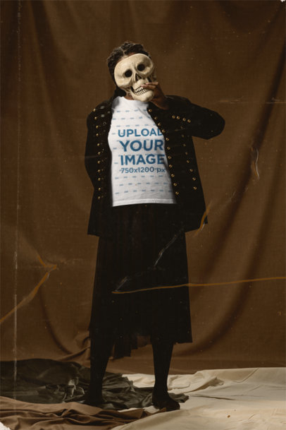 Mockup Featuring a Woman With a Skull on Her Face Wearing a T-Shirt 