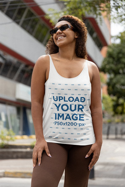 Bella Canvas Tank Top Mockup of a Smiling Woman Wearing Retro Sunglasses