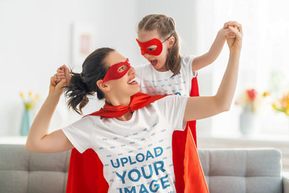 Round-Neck Tee Mockup of a Mom and Daughter in Matching Hero Costumes