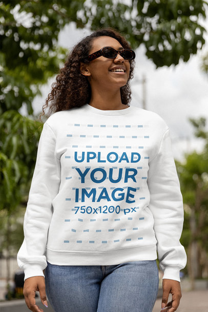 Crewneck Sweatshirt Mockup of a Smiling Woman with Sunglasses