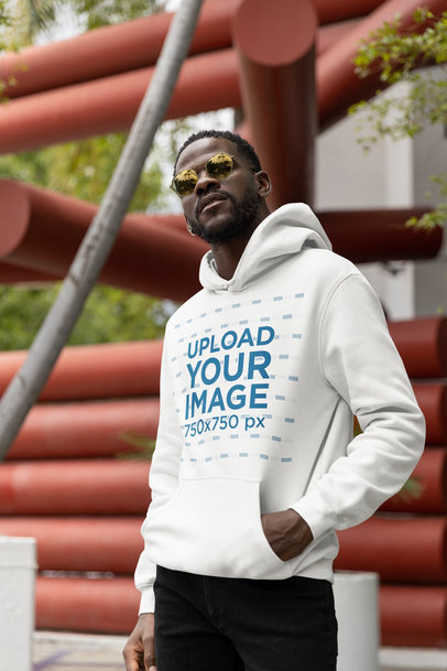 Mockup of a Bearded Man with Sunglasses Wearing a Pullover Hoodie 