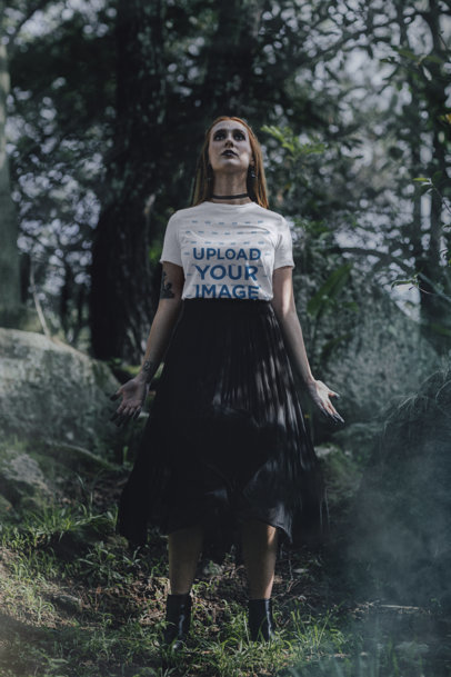 T-Shirt Mockup of a Serious Tattooed Woman Featuring a Wicca Setting