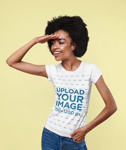 Crewneck Tee Mockup of a Woman with an Afro Hairstyle Posing in a Studio