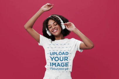 Heathered Tee Mockup Featuring a Woman Listening to Music at a Studio