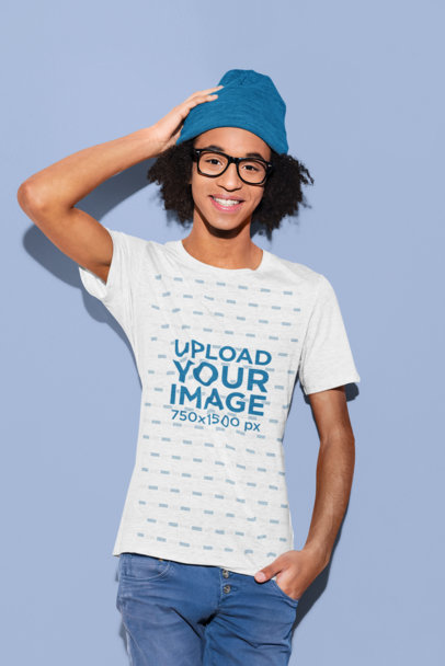 Heathered Tee Mockup of a Curly-Haired Teenage Boy with Glasses