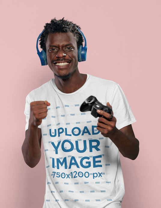 T-Shirt Mockup of an Excited Man With Afro Hair Playing Virtual Games