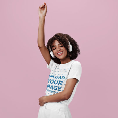 Heathered T-Shirt Mockup of a Woman with Curly Hair Wearing Headphones