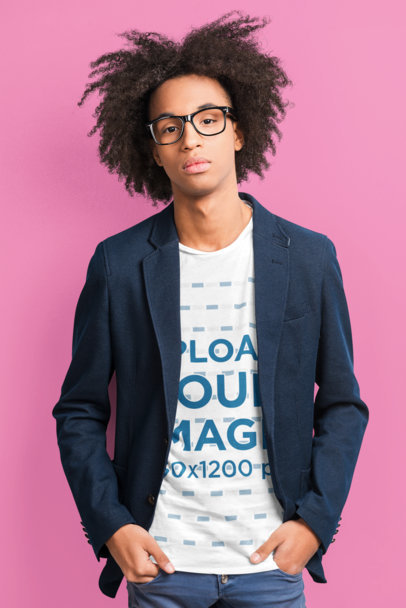 T-Shirt Mockup Featuring a Teenage Boy Wearing a Blazer and Glasses