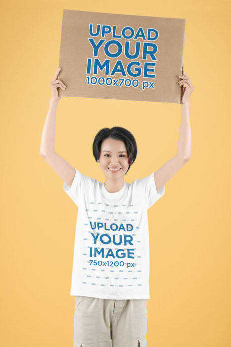 Round-Neck T-Shirt Mockup Featuring a Smiling Woman Holding a Protest Sign