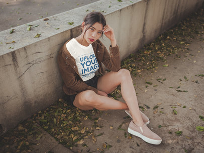Woman Sitting on the Floor in Fall Wearing a T-Shirt Mockup