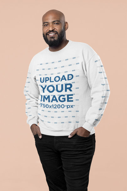 Mockup of a Bald Man Wearing a Sweatshirt with Customizable Sleeves at a Studio