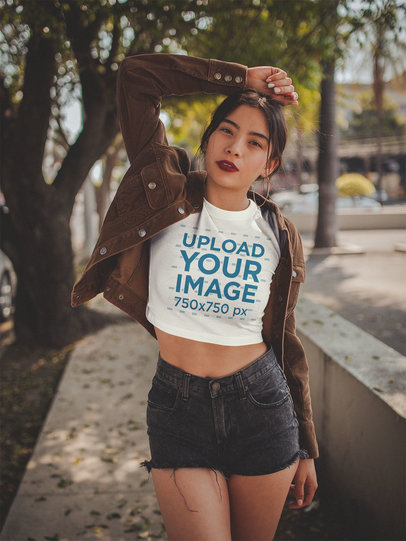 Asian Woman Wearing a Crop Top Template Posing at a Park
