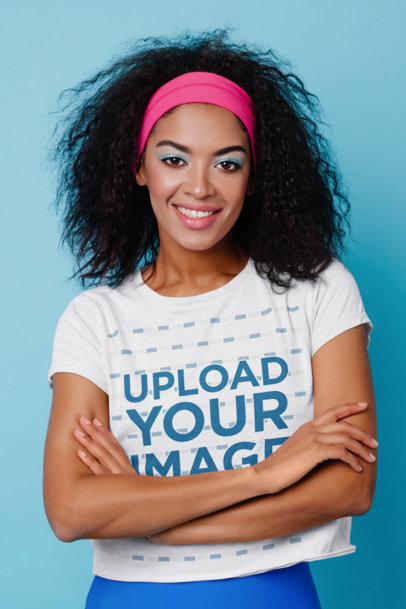 Round-Neck Tee Mockup of a Woman with Afro Hair Wearing a Retro Outfit