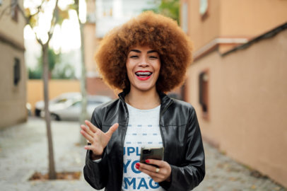 Heathered Tee Mockup Featuring a Smiling Woman with an Afro Hairstyle
