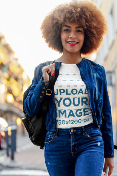 Heathered T-Shirt Mockup of Happy Woman with an Afro Hairstyle 
