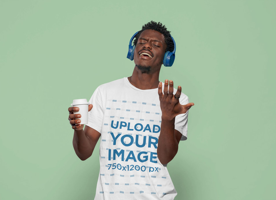Crewneck T-Shirt Mockup of a Man with Headphones Singing