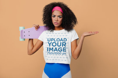 Retro Activewear Mockup of a Woman with Curly Hair Wearing a T-Shirt