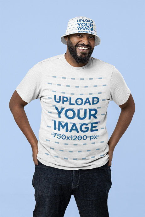 Mockup of a Man Wearing a Bucket Hat and a Plus Size Tee 