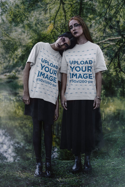 Wicca-Styled Tee Mockup of Two Women Posing in the Woods