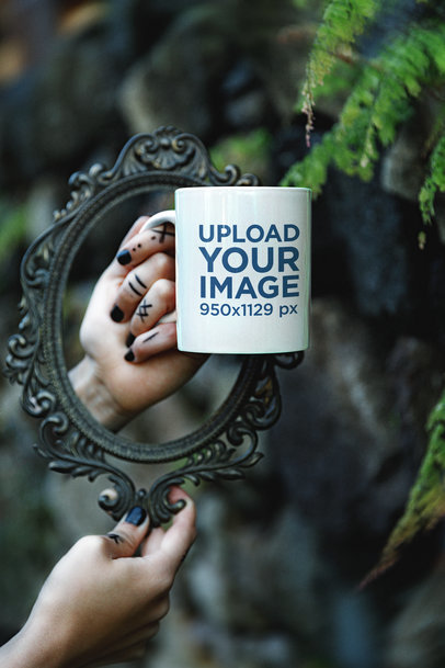 Dark Forest-Themed Mockup of a Woman With Black Nails Holding a Coffee Mug
