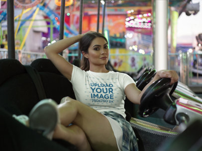 Woman Posing Wearing a Crop Top Tee Mockup at the Arcade