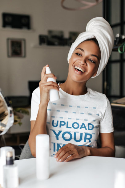 Round-Neck T-Shirt  Mockup of a Happy Woman Doing a Skincare Routine