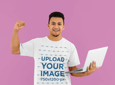 Round-Neck Tee Mockup Featuring a Cheerful Man With a Laptop m27047 r-el2