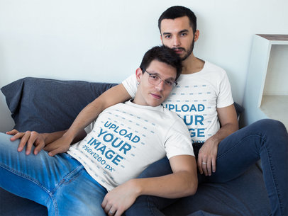 Gay Shirts Mockup Featuring a Gay Couple Hugging on the Couch