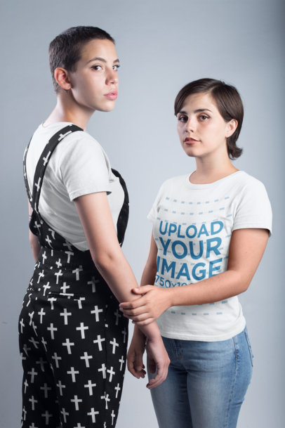 T-Shirt Mockup of a Woman Holding Hands with Her Girlfriend