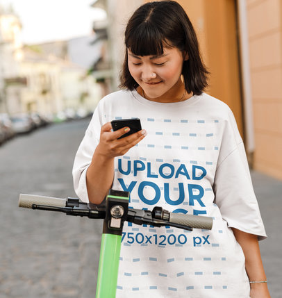 Mockup of a Woman with an Oversized Tee Riding a Scooter