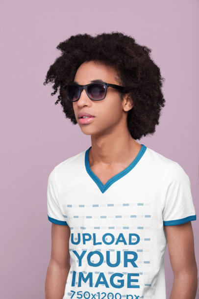 V-Neck Tee Mockup Featuring a Teenage Boy with an Afro Hair and Sunglasses