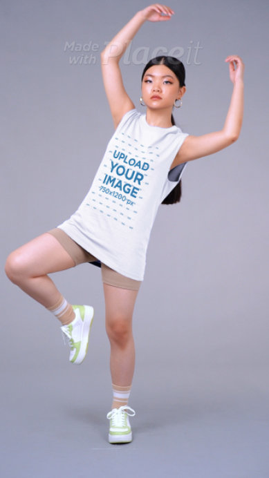 Sleeveless Tee Video Featuring a Serious Woman Stretching Her Arms
