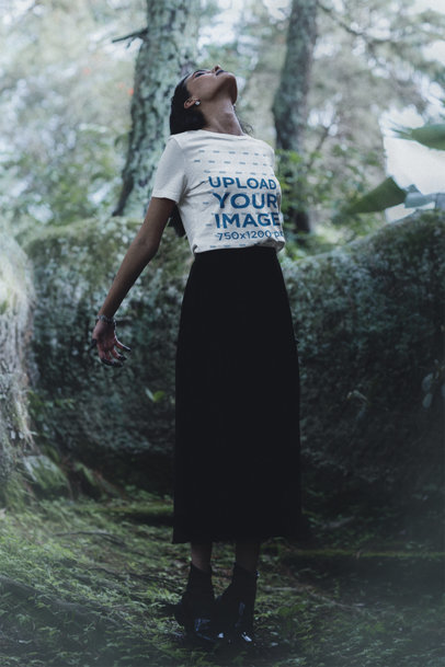 Bella Canvas T-Shirt Mockup Featuring a Woman in a Wicca-Themed Setting