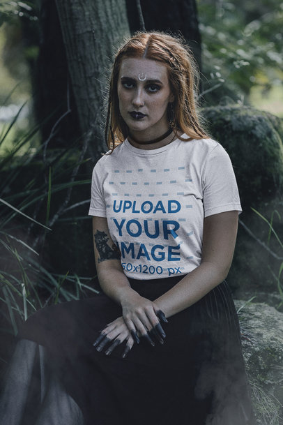 Bella Canvas T-Shirt Mockup of a Woman in a Dark Forest-Inspired Outfit